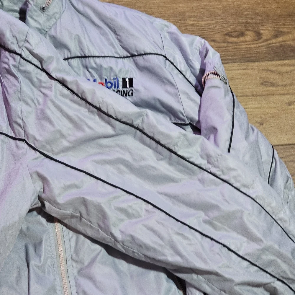 80s Mobil 1 Racing Bomber Windbreaker‎ Hooded Jacket Stange Sz L Gray Korea Vtg
